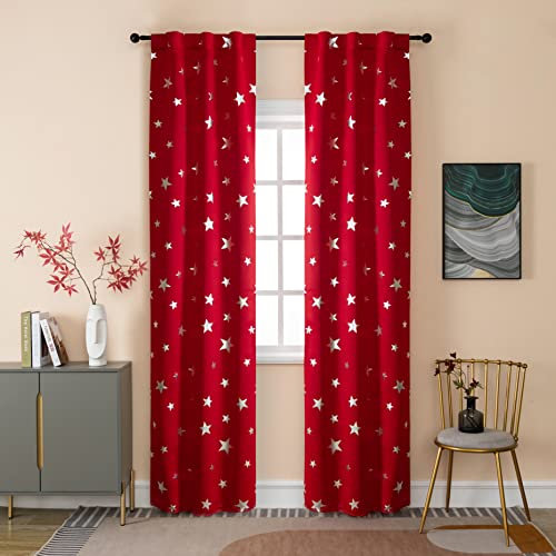 GIRASOLE HOME® Coppia Tende Oscuranti Morbide Fantasia Stelle Argentate Tenda Morbida per Interni con Tasca e Passanti Nascosti 2 Pannelli (Rosso, 70x235cm)
