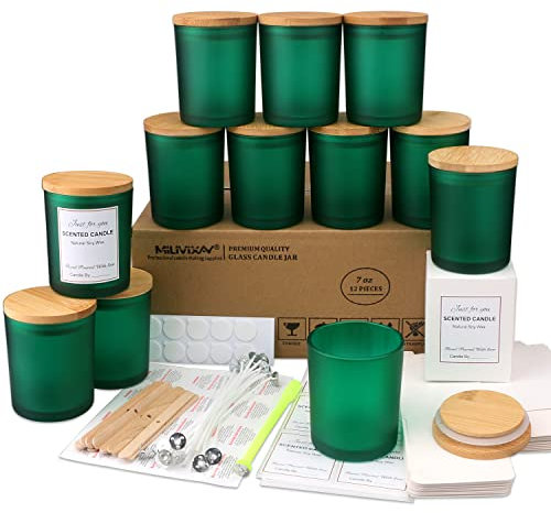 MILIVIXAY Paquete de 12 tarros de cristal verde mate de 7 onzas con tapas y kits de fabricación de velas, tarros vacíos a granel para hacer velas, recipientes de especias y polvo.
