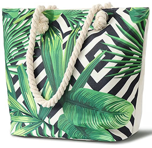 LEcylankEr Strandtasche XXL für Damen Badetasche Groß Strandtasche mit Reißverschluss Tote Bag Einkaufstaschen für Strand Reisen Schwimmbad Einkaufen (Blätter)