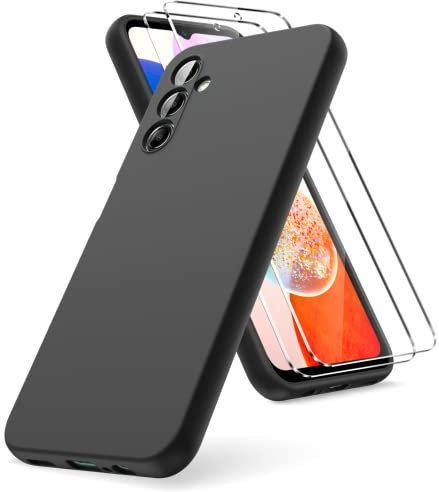 Vansdon Funda Compatible con Samsung Galaxy A14 4G/5G, 2 Unidades Protector Pantalla Cristal Templado, Silicona Líquida Gel Ultra Suave Funda- Negro