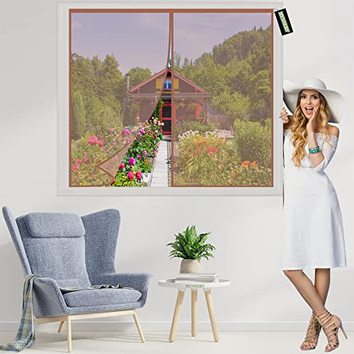 Fliegengitter Fenster Mit Rahmen 95x110cm Braun Insektenschutz Magnetischer Fliegenvorhang Automatisch schließen Waschbar Klebemontage Ohne Bohren
