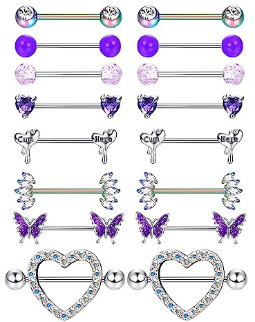 Adramata 8 Paar 14G Nippelpiercing Chirurgenstahl Brustwarzenpiercing Set CZ Schmetterling Nippel Piercing Set Kugel Herz Zungenstangen Nippelpiercing Körper Piercing Schmuck Damen