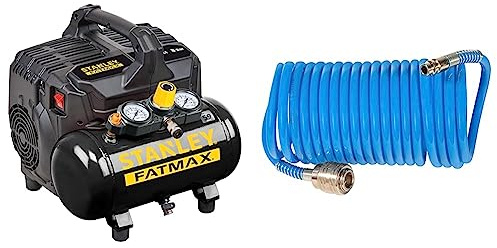 STANLEY FATMAX Kompressor Silent Air DST 101/8/6SI, 8bar & Güde 41400 SB Polyurethan (PU) Druckluft Spiralschlauch 5 M (mit Schnellkupplung und Stecknippel, Knickschutz, Schlauchmaterial aus PU)