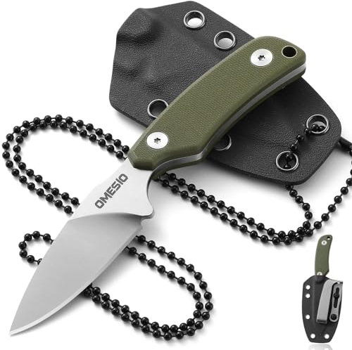 Omesio couteau de cou Neck Knife couteau en acier D2, petit couteau fixe survie G10 manche Full Tang avec un étui Kydex, Spear Point