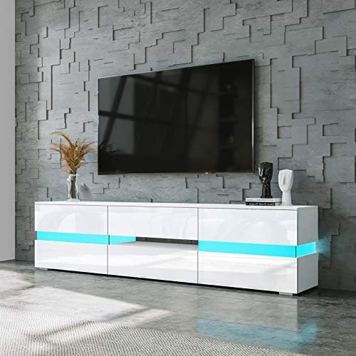 TV Units for Living Room, TV Stand Unit White Matt Body High Gloss Front 2 Doors 1 Drawer TV Cabinet 177cm with RGB LED Light