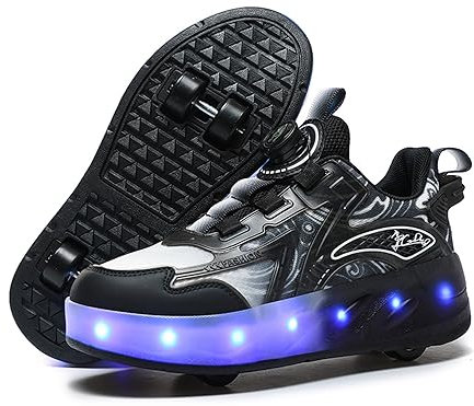 Unisex Kinder LED Licht USB Wiederaufladbar Skateboardschuhe mit Vier Rollen,Abnehmbar, Stabiler und Sicherer Outdoor Sport Fitnessschuhe Gymnastik Running Sneaker für Jungen Mädchen
