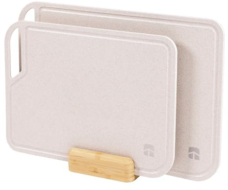 KitchenEdge Reisfaser-Schneidebrett-Set mit Bambus-Ständer für die Kochvorbereitung, 2 Stück Küchen-Set, mit Saftrillen und Griffen, (13.5x9.5, 15.5x11 in)