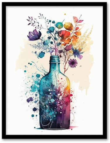 Wee Blue Coo Gin Bottle Flowers Watercolour Painting Blue Purple Orange Spring Flower Blooms Artwork Framed Wall Art Print 18X24 Inch