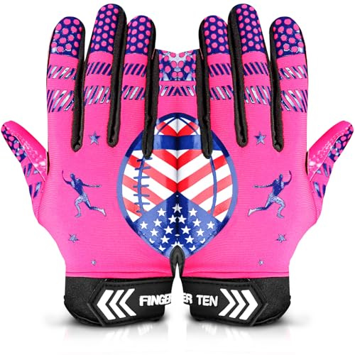 FINGER TEN American Football Receiver Handschuhe für Youth Jungen Mädchen, Torwarthandschuhe rutschfest Impact Palm Protection Outdoor Sport, Wasserdicht Gloves Fit Kinder Alter 5-14 (Rosa, L)
