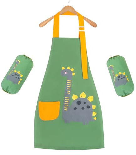 Figarge Kinderschürze Verstellbar Wasserdicht Schürze Kinder Kinderschürze mit Taschen für 3-10 Jahre Junge Mädche Kochschürze Kinder für Küche Kochen Grill Backen Malerei Party(Grün Dinosaurier)