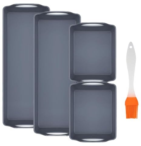 Domigard Baking Tray Non-Stick, 4pcs Silicone Baking Sheet Pan Dividers, Silicone Baking Trays for Oven, Oven Tray Set with Oil Brush for Roasting and Cooking, Dishwasher Safe(5-Piece Set, Gray)