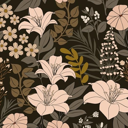 VOLEAAR Lily Floral Wallpaper Peel and Stick Vintage,Dark Flower Contact Paper,Boho Wall Paper for Bedroom Bathroom Backsplash Shelf Liner Vinyl Removable Waterproof 44.5CM x 300CM