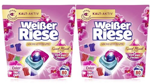 Weißer Riese Color Trio-Caps Aromatherapie Orchidee 2x 80 WL (160 Waschladungen), Color Waschmittel mit Good Mood-Duft für unwiderstehlich duftende & strahlend saubere Wäsche, 100% recycelbar