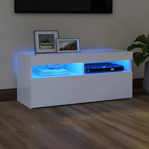 Rantry Casa Mobile Porta TV con Luci LED Bianco 90x35x40 cm, Mobile Porta TV, Mobiletto Basso TV Tavolino da Salotto Supporto TV per Salotto