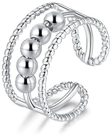 Kamise Silber Anxiety Ring für Damen, 925 Sterling Silber Anti Stress Ring, 5 Perlen Bead Spinner Angst Ringe, Moden Weißgold Angstring Zappelring, Offen Spinner Fidget Ring mit Geschenkbox