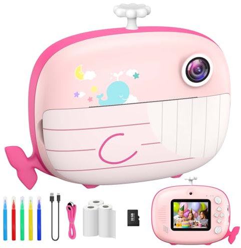 Camara Fotos Infantil Instantanea, Ushining 2,4 HD 1080P Cámara Instantánea para Niños con Tarjeta TF de 32G, Papel de Impresión y Bolígrafos de Colores, 20MP Camara Fotos Infantil de Juguete, Rosa