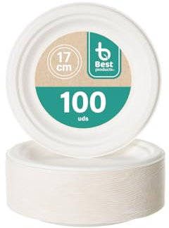 BEST PRODUCTS 100 Platos Caña de Azúcar Desechables Ecológicos Biodegradables Compostables y Reciclables Para Fiestas Cumpleaños Comuniones Redondos Postre Blancos Ø 17 cm