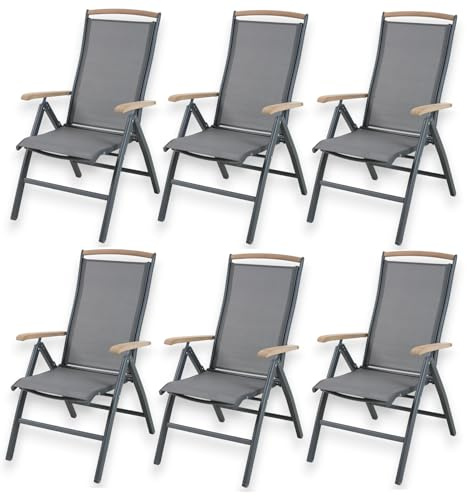 ALEOS. Hochlehner Trinidad Aluminium Gartensessel Hochlehner mit Armlehnen echt Teakholz 7-Positions Sessel 7-Fach verstellbar Outdoor Textilgewebe klappbar, Größe:6 Stück