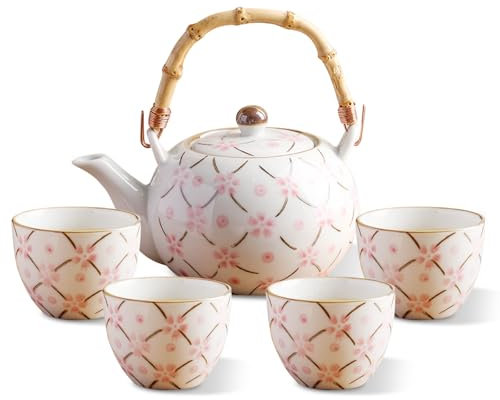 Xnqelerate Japanisches Porzellan Tee Set, Keramik Teekanne mit Rattanstiel und 4 Tassen, Chinesisches Teeservice Porzellan, Kung Fu Tee Set für Erwachsene, Rosa und Weiß Teesets