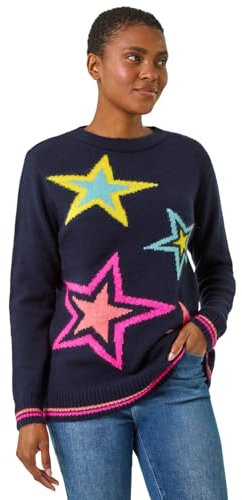 Roman Originals Thick Jumper for Women UK - Ladies Winter Autumn Smart Casual Knit Knitted Knitwear Pull-On Round Crew Neck Long Sleeve Work Office Dinner Party - Navy Pink - Size 12