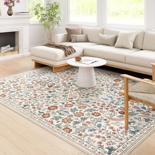 Moynesa Waschbarer Teppich mit Blumenmuster, 20,3 x 25,4 cm, weicher großer Boho-Schlafzimmerteppich, Blume, rutschfest, ultradünn, botanischer Teppich für Esszimmer, Kinderzimmer, Büro, Beige