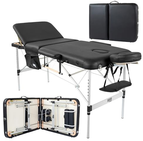 GARR Solution Lettino Massaggio Portatile 3 Zone in Alluminio, Professionale per Estetista, Fisioterapia e Tattoo, Pieghevole e Leggero - 185x70 H62/80cm - con Porta Rotolo e Accessori - Nero