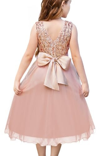 GRACE KARIN Mädchen Pailletten Tüll Ballkleid Ärmellos V-Rücken Festliches Kleid Mit Satinband Roségold 7-8 Jahre