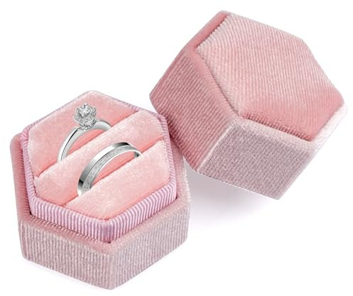 Rosa Ringbox Samt, 2 Slot Ehering Box mit Abnehmbarem Deckel, Kleine Jahrgang Verlobungsring Box, Sechskant Ringschatulle, Ringschatulle für Vorschlag, Jubiläen, Hochzeiten, Valentinstag, Verlobungen
