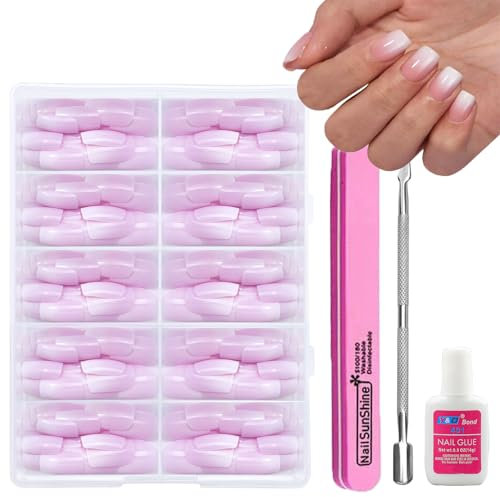 Ombre False Nails Kit with Glue - 240Pcs Natural Gradient Pink Fake Nails - Square Short Press on Nails Pink Tips - Glossy Acrylic Full Cover Stick ons for Women and Girls