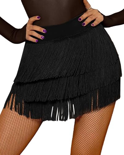 SEAUR Latein Tanzrock Damen Fransen Rock mit Shorts Training Tanzkleidung Tango Rumba Cha Cha Samba Rocklänge 38-39cm - EU L (Asie XL)