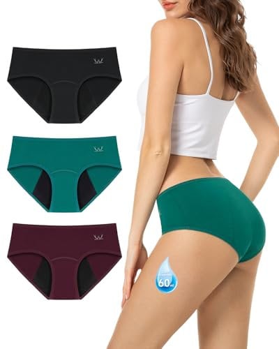 Periodenunterschwäsche Starke Blutung Unterhosen Damen Baumwolle Periodenunterwäsche 60ML Hochsaugfähig Auslaufsicher Periodenslip Menstruationsunterwäsche, 3er Pack Schwarz/Burgunderrot/Dunkelgrün L
