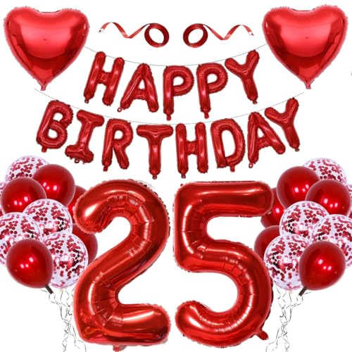 Anlgdi Deko 25. Geburtstag Frau, Geburtstagsdeko 25 Jahre Frauen Männer, Folienballon Zahl 25 Rot, Ballons Happy 25th Birthday Mann Deko, Folienballon 25 Geburtstag Männer Frauen Dekoration