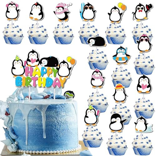 Silars Tortendeko Geburtstag Pinguin Tortenaufleger Pinguin, 1+12 Thema Kuchendeko Pinguin Happy Birthday Cake Topper, Jungen Mädchen Kuchen Topper für Tiermotiv, Babyparty, Geburtstag, Party