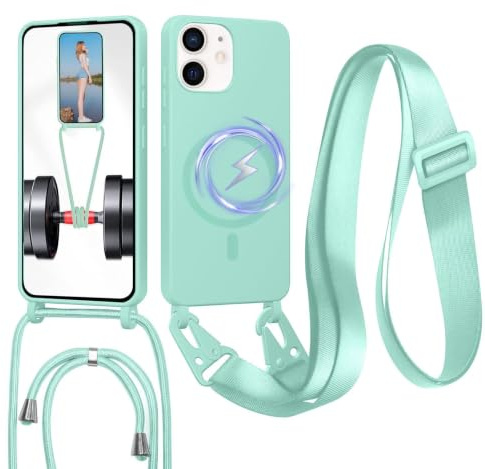 FERLAN Handykette mit Band für iPhone 12 Mini Hülle, Lanyard (abnehmbar) Handyhülle Case mit justierbarer Schnur Abnehmbar Strap, Crossbody Schutzhülle zum Umhängen Kordel, Minzgrün