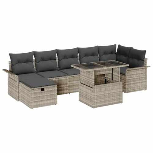 vidaXL Garten-Sofa-Set mit Kissen 8 pcs Hellgrau Poly Rattan, Garten- und Terrassenmöbel, modernes Lounge-Set, verstellbare Füße, perfektes Outdoor-Sitzvergnügen