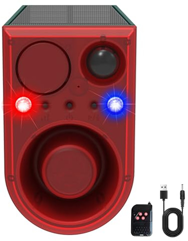 QXMH Solar Outdoor Bewegungsmelder Alarm-Hund Bellen & Schuss Sound, 130db Bewegungsmelder Alarmleuchte, mit Fernbedienung, 13 Arten von Ton Rot & Blau Stroboskoplicht mit USB