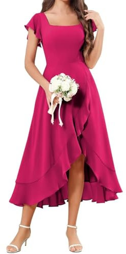 Vestidos de dama de honor de manga corta para boda, de gasa asimétrica, formal, para fiesta de noche, largo de té, AH157, fucsia, 34