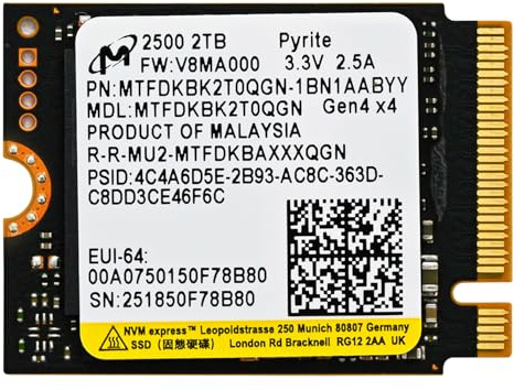 Micron 2TB 2500 M.2 2230 PCIe Gen 4.0x4 NVMe SSD Up to 7100 MB/s Compatible with Steam Deck Surface Ally Mini PCs Laptops