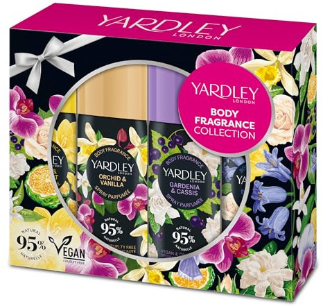 Yardley London Body Spray Collection, 4 x 50ml Contemporary Deodorizing Body Sprays, Mini Mist Gift Set, Includes Gardenia & Cassis, Orchid & Vanilla, Handy Bag Size Body Spray Set for Women