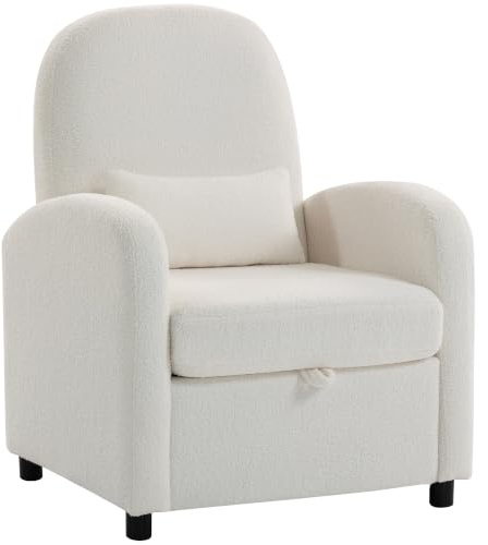 HOMCOM Poltrona Salotto Velluto Teddy con Contenitore Nascosto Crema | Schienale Alto, Poltroncina Imbottita Moderna, Braccioli, Cuscino Lombare, Seduta Ampia, Camera da Letto, Soggiorno