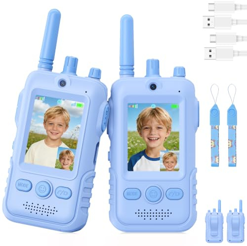 GREENKINDER Walkie Talkie Kinder, Weihnachts Geschenk für Jungen 3-8 Jahre | 2er Set Funkgerät Kinder mit Kamera, Walky Talky Aufladbar mit Gürtelclip & Taschenlampe, Kinderspielzeug für Draußen