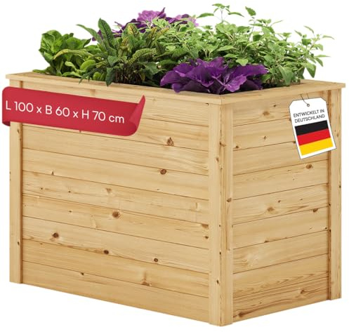 STEELSØN Theemin Hochbeet Natur – Pflanzenkübel 100x60x70 cm (LxBxH) – Kräuterbeet aus Lärchenholz – Gartenbeet mit UV-Schutzlackierung – Beet wetterfest – Pflanzenkasten für Garten – Kräuterbeet Holz