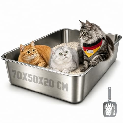 Premium XXXL Katzenklo Edelstahl Hohen Rand, 70 x 50 x 20 cm Katzentoilette | Rostfrei, Antihaftbeschichtet, Leicht zu Reinigen, mit Schaufel für Große Katzen & Mehrkatzenhaushalte