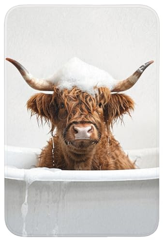 OnlyWow© Badematte Badezimmerteppich Badezimmer Deko Duschvorleger | 60x90 cm - Rechteckig - Badematten Teppich Badvorleger Rutschfest Waschbar Schottischer Highlander - Bad - Kuh - Tiere