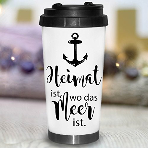 Wandtattoo-Loft® Bedruckter konischer Edelstahl Thermobecher Heimat ist, wo das Meer ist mit Anker/Becher/Thermobecher mit Motiv und Spruch/Anchor