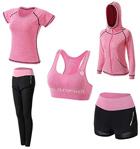 JULY'S SONG Yoga Kleidung Anzug 5er-Set Trainingsanzug Laufbekleidung Gym Fitness Kleidung (Pink, S)