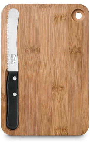 RICHARTZ FRÜHSTÜCK Cut and eat Black | Bambus Frühstücksbrett mit Messer aus Edelstahl & Magnethalterung | Holzbrett mit Messer, ideal für Küche, Garten, Outdoor & Camping | Brettchen mit Messer