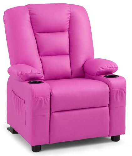 MCombo Big Size Kids Recliner Chair for Ages 3+, Kid Sofa Chair with Anti-tip Feet & Adjustable Backrest, Faux Leather Toddler Lounge Chair, Children Recliner Armchair for Boys Girls 7322 (Pink)