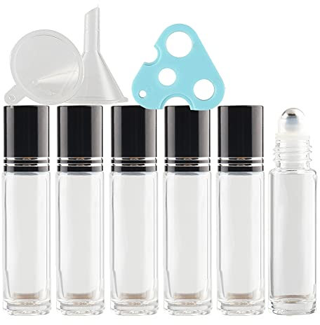 TIANZD 6 Pcs, 10ml Empty Transparent Glass Essential Oil Roller Bottles with Black Alu Screw Cap Roll on Bottles Rollerball Bottle for Essential Oil Perfume, 1x Funnel 1x Opener