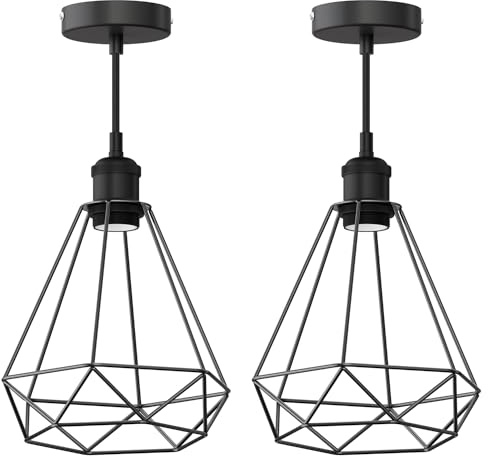 ledscom.de 2x Vintage Pendelleuchte RETRA, schwarz, E27 Fassung, Käfig-Schirm